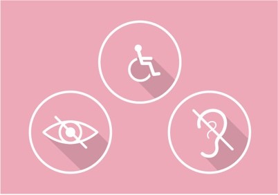 pink picture with a wheel chair, low/impaired vision, and hard of earing symbols
